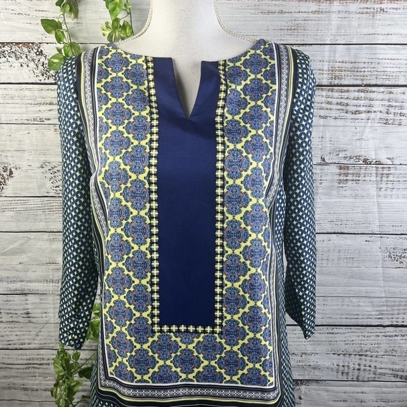 The Limited Dress Extra Small Blue Yellow Boho Straight Sheath Knee Career Slim - Picture 3 of 12